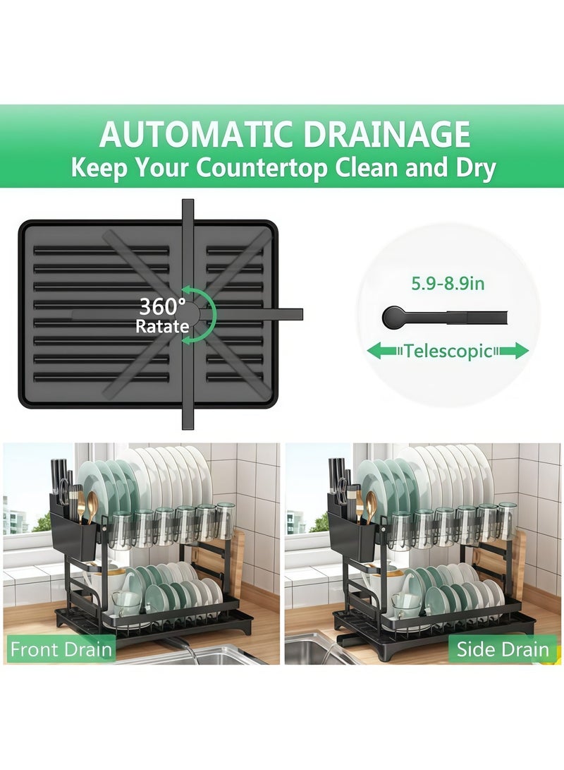 XiuWoo Dish Drying Rack, Large Capacity Draining Board Rack with Cup Holder and Tray and Draining Pipe, Kitchen Use, Iron drying rack，Dish Racks for Kitchen Counter Dish Rack with Cutlery Holder Compact ，with Drainboard and Utensil Holder Extra Drying Mat（2-Tier） - Image 3